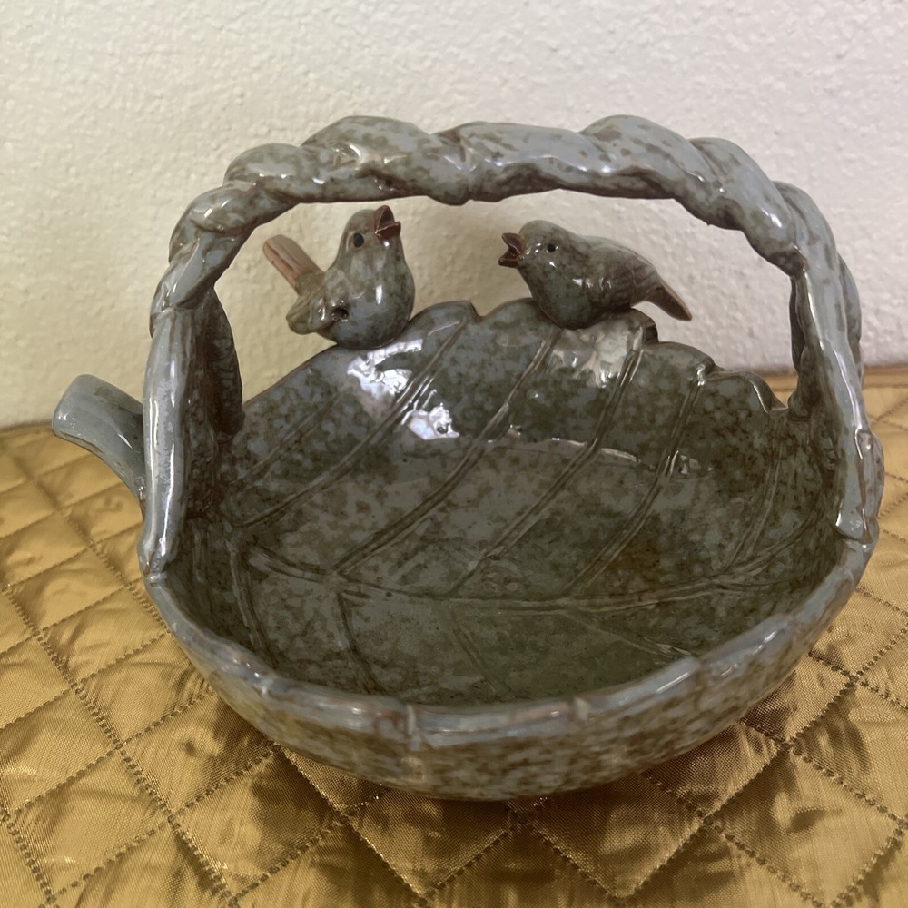 Bluebirds Perched on a  Leaf - Art Pottery Hand Crafted Shallow Leaf 7 1/2 X 6"